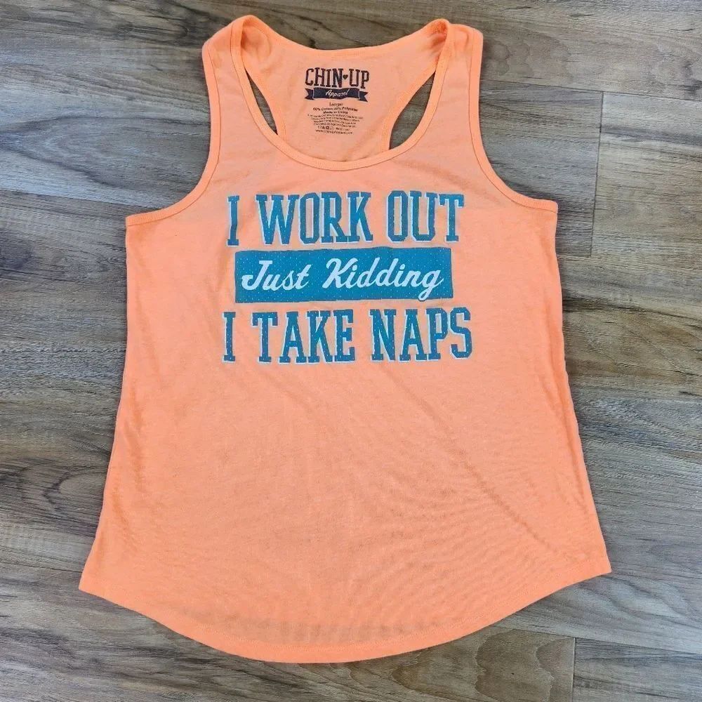 🔺️Chin-Up Neon Orange "I Work Out" Racerback Sleeveless Top Large